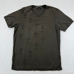RARE Italian Styled Men Large V Neck T Shirt Cross Applique Olive Green Cotton